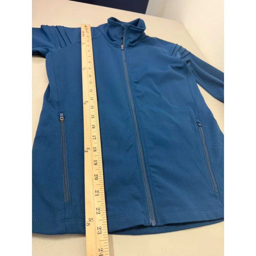 Oiselle Running Jacket Women's Size 2 Teal Blue Pleated Shoulder Full Zip Thumb